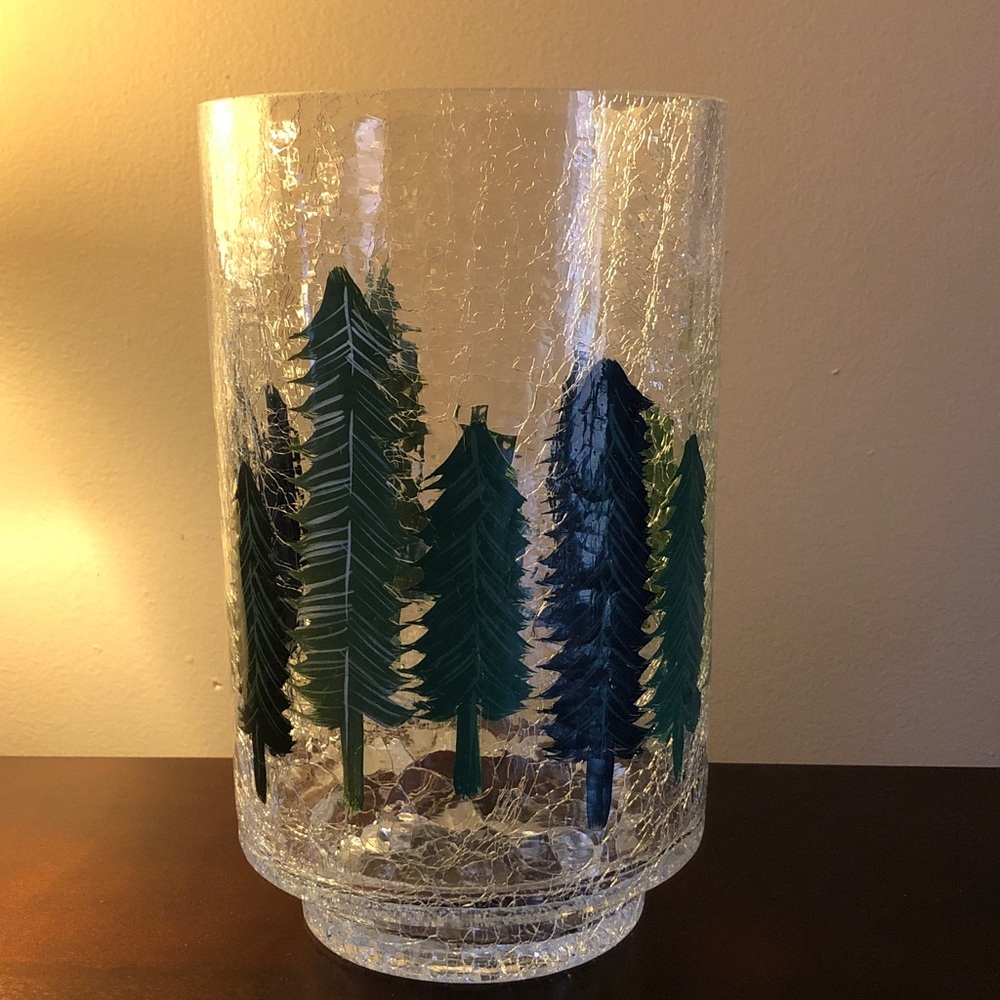 Handmade Crackle Glass Vase or Votive with Evergreen Tree Design